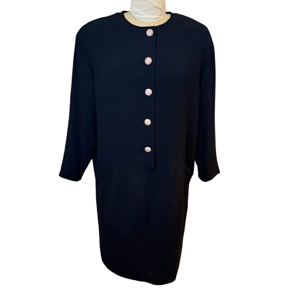 Evan Picone Vintage Shift Dress Gold Buttons Sz. 12 Boxy Black